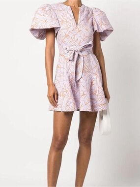 Jonathan Simkhai Lavender and Orange Floral Belted Puff-Sleeve Dress
